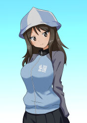Rule 34 | 1girl, absurdres, arms behind back, black skirt, blue background, blue hat, blue jacket, brown eyes, brown hair, closed mouth, commentary, cowboy shot, girls und panzer, gradient background, hat, highres, jacket, keizoku military uniform, long hair, long sleeves, looking at viewer, mika (girls und panzer), military uniform, pleated skirt, raglan sleeves, sesese mimi, skirt, smile, solo, standing, track jacket, tulip hat