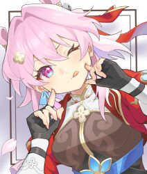 1girl bell belt black_gloves blue_belt blue_eyes breasts chinese_clothes closed_mouth commentary_request cropped_jacket earrings fingerless_gloves flower gloves hair_flower hair_ornament hairpin honkai:_star_rail honkai_(series) jacket jewelry jingle_bell light_blush long_sleeves looking_at_viewer mandarin_collar march_7th_(honkai:_star_rail) march_7th_(hunt)_(honkai:_star_rail) medium_breasts medium_hair mitukiaqa multicolored_eyes official_alternate_costume official_alternate_hairstyle one_eye_closed open_clothes open_jacket petals pink_eyes pink_hair pink_pupils red_jacket shuangyaji single_earring solo tongue tongue_out two-tone_eyes underbust white_sleeves
