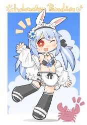 1girl ;d and_takashi animal_ear_fluff animal_ears apron bikini black_bikini black_thighhighs blue_hair blue_sky blush breasts cloud crab detached_collar english_text flower frilled_apron frilled_bikini frills full_body hair_flower hair_ornament highres hololive holonatsu_paradise long_hair long_sleeves looking_at_viewer maid maid_bikini maid_headdress navel one_eye_closed open_clothes open_mouth rabbit_ears rabbit_girl red_eyes simple_background sky sleeves_past_wrists small_breasts smile solo swimsuit thick_eyebrows thighhighs twintails unconventional_maid usada_pekora usada_pekora_(holonatsu_paradise) virtual_youtuber waist_apron white_apron