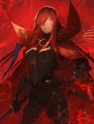 1girl absurdres black_bodysuit black_gloves bodysuit chain closed_mouth cowboy_shot eyelashes fate/grand_order fate_(series) gloves hair_over_one_eye high_collar highres holding holding_sword holding_weapon long_hair oda_nobunaga_(fate) oda_nobunaga_(maou_avenger)_(fate) plytometo red_theme skin_tight solo sword weapon