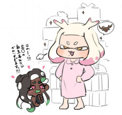 2girls :3 barefoot black_hair blush box buttons chibi chibi_inset christmas_present collared_shirt commentary_request coula_cat cropped_head dark-skinned_female dark_skin deformed fake_antlers fang fangs full_body gift gift_box green_hair grin hair_horns hands_clasped_in_delight hands_on_own_hips heart heart-shaped_pupils highres large_ears long_hair long_shirt long_sidelocks looking_at_another marina_(splatoon) medium_hair mole mole_under_mouth multicolored_hair multiple_girls narrowed_eyes nightshirt nintendo own_hands_clasped own_hands_together pajamas parted_bangs pearl_(splatoon) pink_eyes pink_hair pink_pajamas pink_shirt puff_of_air reindeer shirt sidelocks simple_background smile solo_focus sparkle speech_bubble splatoon_(series) splatoon_2 spoken_animal suction_cups symbol-shaped_pupils tareme tentacle_hair translation_request two-tone_hair v-shaped_eyebrows white_background white_hair yellow_eyes