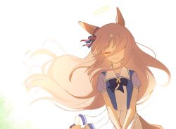 Rule 34 | 1girl, animal ears, blush, bow, bowtie, brown hair, closed eyes, closed mouth, commentary, ear bow, ear ornament, ear ribbon, english commentary, grass wonder (umamusume), halo, highres, horse ears, horse girl, horse tail, long hair, multicolored hair, pleated skirt, puffy short sleeves, puffy sleeves, purple bow, purple bowtie, purple serafuku, purple shirt, purple skirt, sailor collar, sailor shirt, school uniform, serafuku, shibedraws, shirt, short sleeves, simple background, skirt, smile, solo, tail, tracen school uniform, umamusume, white hair, white sailor collar, white skirt