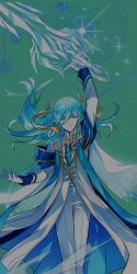 1boy ainchase_ishmael argyle_cape argyle_clothes arm_up armband blue_armband blue_eyes blue_hair blue_necktie cape closed_mouth coat collared_shirt dot_nose dress_pants elsword expressionless feet_out_of_frame floating_cape floating_hair gloves green_background hair_between_eyes high_collar highres holding holding_sword holding_weapon huge_weapon hwansang light_frown light_particles long_hair long_hair_between_eyes long_sleeves looking_at_viewer magic male_focus necktie official_art outstretched_hand pants second-party_source shirt simple_background solo sparkle standing swept_bangs sword weapon white_cape white_coat white_gloves white_pants white_shirt