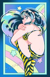 1girl animal_print bikini blue_border boots border cone_horns full_body gradient_hair highres horns hugging_own_legs knee_boots long_hair looking_at_viewer looking_back lum muda_rengou_to_ziggy_stardust multicolored_hair outside_border pointy_ears print_bikini print_boots rainbow signature solo star_(symbol) swimsuit tiger_print urusei_yatsura