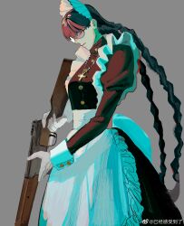 1girl absurdres apron black_dress black_hair black_lagoon braid chaolisirongchi dress gun highres holding holding_gun holding_weapon long_hair maid roberta_(black_lagoon) round_eyewear solo twin_braids weapon