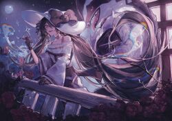 1girl black_bow black_fur black_gloves black_hair bow branch commentary cup dark_miku_(project_voltage) dress drinking_glass english_commentary fence flower full_moon gen_8_pokemon gloves hair_over_one_eye hat hat_bow hatsune_miku highres holding holding_cup long_hair looking_at_viewer moon night night_sky nintendo obstagoon off-shoulder_dress off_shoulder open_mouth outdoors pokemon pokemon_(creature) project_voltage red_eyes red_flower red_rose rose sandysoon610 sharp_teeth sky smile sparkle teeth tongue tongue_out two-tone_fur very_long_hair vocaloid white_fur white_hat wine_glass
