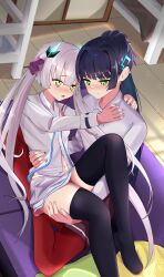 2girls absurdres arms_around_neck black_hair blunt_bangs carrying couch couple green_eyes heaven_burns_red highres horns indoors lilyhoney long_hair long_sleeves multiple_girls natsume_inori neck_ribbon ogasawara_hisame pantyhose ponytail princess_carry red_pantyhose ribbon shirt skirt twintails white_hair white_shirt yellow_eyes yuri