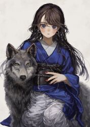 1girl absurdres animal black_hair black_sash blue_kimono chain earrings highres japanese_clothes jewelry kimono long_hair long_sleeves looking_at_viewer nail_polish obi original purple_eyes red_nails sash sayoko_(sayosny2) signature simple_background solo wide_sleeves wolf