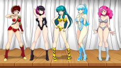 5girls absurdres aqua_hair bare_shoulders benten_(urusei_yatsura) bikini blue_eyes blue_hair boots bow bra breasts brown_hair choker cleavage commission drawn_that_way full_body gloves green_eyes green_hair hair_ornament hand_on_own_hip high_heels highres jewelry knee_boots kurama_(urusei_yatsura) large_breasts legs leotard long_hair looking_at_viewer lum medium_breasts midriff multiple_girls navel oyuki_(urusei_yatsura) panties pink_hair ponytail purple_eyes purple_hair ran_(urusei_yatsura) red_eyes red_hair ribbon short_hair smile standing swimsuit twintails underwear urusei_yatsura