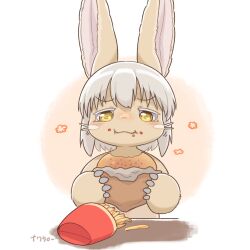 Rule 34 | 1other, animal ears, blush, body fur, brown background, burger, closed mouth, commentary, eating, english commentary, food, food on face, french fries, gomuhimo (nawataro), grey hair, highres, holding, made in abyss, medium hair, nanachi (made in abyss), simple background, solo, straight-on, tareme, thick arms, upper body, whiskers, white background, yellow eyes
