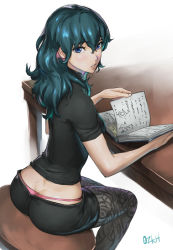 1girl ass blue_eyes book female_byleth_(fire_emblem) fire_emblem fire_emblem:_three_houses green_hair hair_between_eyes light_blush looking_at_viewer nintendo open_book ozkh panties panty_peek pantyhose pantyhose_under_shorts parted_lips pencil_skirt pink_panties short_shorts shorts simple_background skirt solo thong underwear wavy_hair whale_tail whale_tail_(clothing)