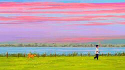 Rule 34 | 1girl, absurdres, arm at side, bag, black hair, black pants, black shoes, blue sky, chinese commentary, cloud, cloudy sky, commentary request, dark-skinned female, dark skin, dog, evening, fangpeii, fence, field, flower, forest, grass, hair bun, highres, holding, holding bag, leash, nature, orange flower, original, outdoors, pants, pet walking, pink clouds, pink flower, river, scenery, shirt, shoes, short sleeves, single hair bun, sky, sky focus, slice of life, solo, t-shirt, very wide shot, walking, water, white shirt, yellow flower
