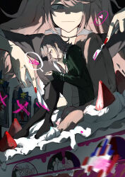 2girls bow brown_hair brown_skirt cake danganronpa:_trigger_happy_havoc danganronpa_(series) danganronpa_2:_goodbye_despair ear_bow enoshima_junko food fork galaga giant giantess hair_ornament heart highres holding holding_fork holding_knife iei jacket knife long_sleeves medium_hair miniskirt monomi_(danganronpa) multiple_girls nanami_chiaki neck_ribbon no_hair_ornament playing_games pleated_skirt red_nails ribbon shanzhu shirt sitting skirt smile spaceship_hair_ornament spoken_heart two-tone_shirt unworn_hair_ornament