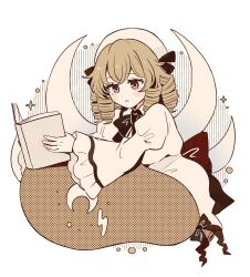 1girl :&lt; balloon black_bow black_bowtie blonde_hair book bow bowtie brown_eyes closed_mouth commentary dress drill_hair fairy_wings hat highres holding holding_book long_sleeves luna_child medium_hair mozukuzu_(manukedori) reading solo touhou white_dress white_hat wide_sleeves wings