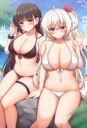 2girls ahoge akizuki_kanna arm_support bare_legs bikini black_bikini black_hair blonde_hair blue_sky blurry blush bracelet braid breasts cafe_stella_to_shinigami_no_chou closed_mouth cloud collarbone commentary_request day depth_of_field hair_between_eyes hair_ornament hair_ribbon hairclip highres jewelry large_breasts leaf long_hair mountainous_horizon multiple_girls navel ocean outdoors palm_tree purple_eyes ribbon ryakusun shiki_natsume sitting sky smile swimsuit thigh_strap thighs tree very_long_hair waving white_bikini