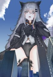 1girl animal_ears arknights black_coat black_gloves black_jacket black_panties blue_sky building city clothes_lift cloud coat day giant giantess gloves grey_eyes grey_hair hair_ornament hairclip highres jacket lappland_(arknights) lappland_(refined_horrormare)_(arknights) lifting_own_clothes long_hair long_sleeves looking_at_viewer looking_down material_growth ningning_0721 official_alternate_costume oripathy_lesion_(arknights) outdoors panties scar scar_across_eye scar_on_face skirt skirt_lift sky skyscraper solo underwear wolf_ears wolf_girl
