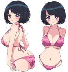 1girl :o :t ass bikini black_hair blue_eyes blush_stickers breasts bright_pupils butt_crack cleavage commentary_request covered_navel cropped_legs frown gundam gundam_gquuuuuux highres large_breasts looking_at_viewer mature_female mel_(melty_pot) multiple_views no_sclera parted_lips pink_bikini pout shiiko_sugai short_hair simple_background smile swimsuit tareme white_background white_pupils