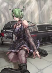 1girl absurdres antlers black_boots black_choker black_dress black_nails black_thighhighs boots breasts car ceres_fauna ceres_fauna_(goth) choker collarbone detached_sleeves deutsche_tourenwagen_masters dress fishnet_thighhighs fishnets flower frown hair_flower hair_ornament heart heart_o-ring heart_ring_choker highres hololive hololive_english horns jewelry justuskuro looking_at_viewer medium_breasts mercedes-benz mercedes-benz_190e motor_vehicle necklace o-ring o-ring_choker race_vehicle racecar short_hair sitting solo thighhighs virtual_youtuber white_flower