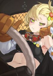 Rule 34 | 1girl, armpits, bags under eyes, bare shoulders, blonde hair, blush, breasts, closed mouth, commentary request, crop top, detached sleeves, gloves, goggles, goggles around neck, green eyes, hair bun, hair ornament, haishima xv, highres, long hair, midriff, partial commentary, piper wheel, solo, steering wheel, torn clothes, zenless zone zero