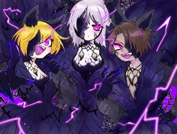 Rule 34 | 1boy, 2girls, :d, animal ears, barbed wire, blonde hair, breasts, brown hair, coat, don quixote (project moon), e.g.o (project moon), electricity, faust (project moon), gloves, grey background, heathcliff (project moon), highres, jewelry, limbus company, looking at viewer, multiple girls, necklace, one eye in shadow, open mouth, project moon, purple coat, purple eyes, purple gloves, sharp teeth, short hair, simple background, smile, standing, suisei0708, teeth, telepole (e.g.o), tooth necklace, upper body, white hair, wolf ears