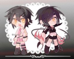 Rule 34 | 1girl, black hair, claws, collared shirt, cscarus, eyepatch, highres, kure kirika, mahou shoujo madoka magica, mahou shoujo oriko magica, medium hair, mismatched socks, necktie, orange eyes, red necktie, shirt, socks, solo, white socks