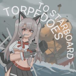 1girl animal_ears azur_lane belt black_skirt bow braid breasts cannon crop_top crop_top_overhang cuffs dog_ears duhota english_text explosion fangs fingerless_gloves flat_color gloves grey_hair hair_between_eyes highres holding holding_torpedo long_hair looking_at_viewer mechanical_ears miniskirt multicolored_nails ocean oppai_loli pleated_skirt puffy_sleeves red_belt red_bow red_eyes school_uniform serafuku ship ship_turret short_eyebrows short_sleeves side_braid side_slit skirt solo tail thick_eyebrows torpedo torpedo_launcher underboob water watercraft wolf_ears wolf_girl wolf_tail yuudachi_(azur_lane)