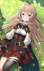 1girl brown_capelet brown_corset brown_hair capelet corset dagger gloves hair_ornament hairclip heart heart_hands highres hololive hololive_english knife lantern long_hair lying nanashi_mumei nanashi_mumei_(1st_costume) on_back on_grass paradox_(hatto_air) shirt smile solo virtual_youtuber weapon white_shirt yellow_eyes