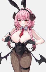 1girl animal_ear_hairband animal_ears bare_shoulders bat_wings bernina_(stella_sora) between_breasts black_gloves black_hair black_hairband black_leotard black_pantyhose black_wings breasts cleavage collarbone commentary cowboy_shot cross cross_hair_ornament demon_girl demon_horns detached_collar fake_animal_ears fishnet_pantyhose fishnets gloves gradient_hair grin hair_ornament hair_over_shoulder hairband highres horns inverted_cross large_breasts leotard leotard_tug low-tied_sidelocks low_wings magui3 multicolored_hair necktie necktie_between_breasts pantyhose pink_eyes pink_hair playboy_bunny rabbit_ear_hairband rabbit_ears red_necktie sidelocks simple_background smile solo stella_sora thigh_strap undersized_clothes white_background wings
