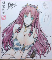 1girl alternate_costume animal_ear_hairband animal_ears animal_print arm_under_breasts bell black_bow blush bow braid breasts chinese_zodiac cleavage closed_mouth commentary_request cow_ears cow_horns cow_print cow_tail dated fake_animal_ears fake_horns green_eyes hair_bow hairband highres hong_meiling horn_hairband horns huge_breasts light_smile lingerie long_hair looking_at_viewer monety navel neck_bell red_hair shikishi signature solo swimsuit tail touhou traditional_media translation_request twin_braids underwear very_long_hair year_of_the_ox