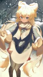 1girl absurdres black_pantyhose blonde_hair blurry bow brown_gloves brown_scarf closed_mouth clothes_grab coat depth_of_field flat_chest gloves grey_coat grey_eyes hair_between_eyes hair_bow hair_ribbon haires highres holding holding_unworn_clothes holding_unworn_scarf indie_virtual_youtuber jacket long_hair long_sleeves looking_at_viewer mittens neckwear_grab outdoors outstretched_arm pantyhose ribbon scarf scarf_grab smile snow snow_on_head snowing solo standing tree twintails unworn_scarf very_long_hair virtual_youtuber winter winter_clothes winter_coat