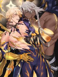 2boys abs artist_name braid commentary dark-skinned_male dark_skin english_commentary highres honkai:_star_rail honkai_(series) looking_at_another male_focus multiple_boys muscular muscular_male nanook_(honkai:_star_rail) nipples open_mouth pectorals phainon_(honkai:_star_rail) sound_effects topless_male watermark yaoi yukaero4