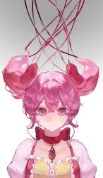 1girl absurdres baicha_nuwang bow bow_choker buttons center_frills chest_jewel choker closed_mouth collarbone dress floating_hair frilled_dress frills gem gradient_background grey_background hair_between_eyes hair_bow hair_floating_upwards hair_intakes happy hashtag-only_commentary highres kaname_madoka light_blush looking_at_viewer magical_girl mahou_shoujo_madoka_magica mahou_shoujo_madoka_magica_(anime) pink_bow pink_dress pink_eyes pink_gemstone pink_hair pink_ribbon puffy_short_sleeves puffy_sleeves red_bow red_choker ribbon short_hair short_sleeves short_twintails simple_background smile solo square_neckline straight-on twintails upper_body white_background white_sleeves