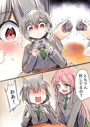 2girls bang_dream! bang_dream!_it&#039;s_mygo!!!!! blush brown_eyes chihaya_anon closed_mouth commentary fang green_necktie grey_eyes grey_hair haneoka_school_uniform highres icarus_(2010741) long_hair multiple_girls necktie open_mouth pink_hair school_uniform short_hair takamatsu_tomori translated