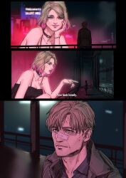 1boy 1girl absurdres bandage_on_face bandages black_dress blade_runner_(series) blade_runner_2049 blonde_hair bloober_team blue_eyes breasts choker cleavage closed_mouth copyright_name crossover dress goslingposting_(meme) gradient_hair highres james_sunderland konami maria_(silent_hill) meme multicolored_hair nyeigneous open_mouth pink_nails remake short_hair silent_hill_(series) silent_hill_2 silent_hill_2_(remake) size_difference you_look_lonely_(meme)