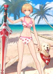 1girl aned_(fate) animal arm_at_side bare_arms bare_legs bare_shoulders beach bikini blonde_hair blue_sky blush_stickers breasts breasts_apart closed_mouth cloud cloudy_sky dog fate/grand_order fate_(series) feet_out_of_frame food_print fruit_print game_cg gareth_(fate) gareth_(swimsuit_saber)_(fate) gareth_(swimsuit_saber)_(second_ascension)_(fate) golden_retriever green_eyes groin hand_on_hilt hand_up horizon huge_weapon legs_apart looking_at_viewer medium_breasts navel nekotawawa ocean official_art palm_tree pink_bikini planted planted_sword planted_weapon print_bikini robigus_ironside sand short_hair sky smile solo standing stomach strawberry_print swimsuit sword third-party_source tree weapon white_bikini
