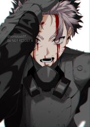 1boy black_hair blood blood_on_face gas_mask hand_on_own_head highres kaijuu_no._8 looking_at_viewer male_focus mask multicolored_eyes multicolored_hair narumi_gen nosebleed short_hair simple_background slit_pupils solo twitter_username two-tone_hair upper_body white_background yorozuya37
