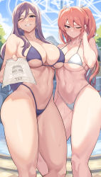 2girls abs absurdres bare_legs bare_shoulders bikini breasts dungeon_and_fighter earrings hair_between_eyes highleg highleg_bikini highres isadora_(dungeon_and_fighter) jewelry kook large_breasts long_hair looking_at_viewer micro_bikini multiple_girls one_eye_closed ophelia_bagrans outdoors purple_bikini purple_eyes purple_hair red_eyes red_hair smile standing summer sweat swimsuit thighs white_bikini