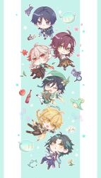 6+boys aether_(genshin_impact) ahoge alcohol animal animal_ears antenna_hair apple aqua_cape aqua_eyes aqua_gemstone aqua_hair aqua_hat aqua_shorts arm_up armor artist_name baggy_pants baggy_shorts bandaged_arm bandages beak belt beret bird black_boots black_bow black_bowtie black_gloves black_hair black_hairband black_pants black_ribbon black_sandals black_shirt black_shoes black_shorts black_socks blonde_hair blue_background blue_bird blue_border blue_cape blue_hair blue_pants blunt_ends book boots border bow bowtie braid bridal_gauntlets brown_corset cape cat cat_ears cat_tail character_doll chibi chibi_only chinese_clothes clothing_cutout commentary_request constellation corset creature crossed_bangs dated detached_sleeves doll earrings egasumi eyeshadow facial_mark feathered_wings feathers floating_clothes floating_hair flower food forehead_mark fruit full_body gauntlets gem genshin_impact gloves gradient_hair green_eyes grey_hair hair_between_eyes hair_ornament hair_ribbon hairband hakama hands_up hat hat_flower hat_ornament highres holding holding_instrument holding_lyre instrument japanese_clothes jewelry kaedehara_kazuha leaf leaf_hat_ornament leaf_print leg_warmers long_hair long_sleeves looking_at_another looking_at_viewer looking_down looking_up low-braided_long_hair low-tied_long_hair low_ponytail lyre makeup male_focus maple_leaf maple_leaf_print medium_hair midriff mole mole_under_each_eye mole_under_eye multicolored_hair multiple_boys multiple_moles necklace one_eye_closed open_book open_clothes open_mouth open_vest outside_border pants pantyhose pearl_necklace pelvic_curtain petals pink_flower pom_pom_(clothes) ponytail purple_belt purple_eyes purple_fur purple_hair red_eyes red_eyeshadow red_hair red_pantyhose red_ribbon ribbon rinbo_7140 sandals scaramouche_(cat)_(genshin_impact) scaramouche_(genshin_impact) scarf shikanoin_heizou shirt shoes short_hair short_ponytail short_sleeves shorts shoulder_armor single_bare_shoulder single_detached_sleeve single_earring sleeveless sleeveless_shirt smile socks star_(symbol) star_symbol_background streaked_hair striped_bow striped_bowtie striped_clothes tail tassel twin_braids two-sided_cape two-sided_fabric two-tone_hair v-shaped_eyebrows venti_(genshin_impact) vest vision_(genshin_impact) wanderer_(genshin_impact) white_border white_flower white_pantyhose white_ribbon white_scarf white_shirt white_vest wide_sleeves wine wings xiao_(bird)_(genshin_impact) xiao_(genshin_impact) yellow_cape yellow_eyes yellow_pants