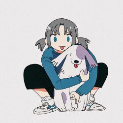 Rule 34 | 1girl, :p, black pants, blue eyes, blue sweater, dog, full body, grey background, grey hair, hair tie, highres, long sleeves, medium hair, ok sign, original, pants, shirt, shoes, short twintails, simple background, sneakers, socks, soyacomu, sweater, tongue, tongue out, twintails, v-shaped eyebrows, white footwear, white socks