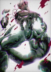 1boy amputee blood dragon_ball dragonball_z glowing glowing_eyes grey_background highres meta-cooler parted_lips red_eyes silver_skin simple_background solo stktik09060906