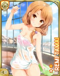 1girl bare_arms bare_legs barefoot bow brown_eyes brown_hair card_(medium) closed_mouth day girlfriend_(kari) indoors looking_at_viewer low_twintails official_art qp:flapper smile solo spa tagme tamai_remi tanabata towel twintails v-shaped_eyebrows