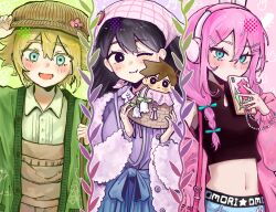 1boy 2girls :d ;) ;t adjusting_clothes adjusting_headwear animal_ear_headphones animal_ears arm_up aubrey_(faraway)_(omori) aubrey_(omori) bag basil_(faraway)_(omori) basil_(omori) basket black_eyes black_hair black_shirt blonde_hair blue_eyes blue_hakama blush braid breasts bright_pupils brown_bag brown_hat buttons cardigan character_doll collared_shirt colored_eyelashes column_lineup covered_mouth double-parted_bangs fake_animal_ears floral_print flower fur_jacket green_background green_cardigan green_nails hair_behind_ear hair_between_eyes hakama halftone hand_in_pocket hand_up hands_up hashtag-only_commentary hat headphones hero_(faraway)_(omori) hero_(omori) highres holding holding_basket holding_phone jacket japanese_clothes lily_of_the_valley long_hair looking_at_viewer mari_(faraway)_(omori) mari_(omori) midriff multicolored_nails multiple_girls musical_note nail_polish navel newsboy_cap official_alternate_costume official_alternate_hairstyle omori one_eye_closed open_cardigan open_clothes open_jacket open_mouth phone pink_background pink_bag pink_hair pink_jacket pink_nails purple_background purple_shirt rabbit_ear_headphones rou_(h_s_sinrin) shirt short_hair shoulder_bag simple_background single_bare_shoulder sleeveless sleeveless_shirt small_breasts smile twin_braids upper_body white_flower white_jacket white_nails white_pupils white_shirt