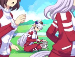 3girls absurdres animal_ears blunt_bangs bow bowl breasts brown_hair character_request check_character closed_mouth commentary demon_core english_commentary gold_ship_(umamusume) grass grey_hair hair_bow head_down head_out_of_frame highres hinghoi horse_ears horse_girl horse_tail jacket long_hair long_sleeves mejiro_mcqueen_(umamusume) multiple_girls outdoors pants purple_bow purple_eyes raglan_sleeves red_jacket red_track_suit running sitting special_week_(umamusume) tail tracen_training_uniform track_jacket track_pants track_suit umamusume