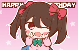 Rule 34 | 1girl, ;d, black hair, blue skirt, blush, cardigan, chibi, chibi only, commentary, happy birthday, highres, long sleeves, love live!, love live! school idol project, m/, medium hair, nico nico nii, one eye closed, open mouth, otonokizaka school uniform, p-man-p-man, pink background, pink cardigan, pleated skirt, red eyes, school uniform, shirt, skirt, sleeves past wrists, smile, solo, split mouth, star (symbol), star symbol background, twintails, white shirt, winter uniform, yazawa nico