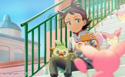 Rule 34 | 1boy, blue eyes, clear sky, closed mouth, commentary request, day, fence, gen 3 pokemon, gen 4 pokemon, gen 8 pokemon, goh (pokemon), grey shirt, grookey, holding, holding phone, looking down, male focus, matsuno opa, nintendo, outdoors, pants, phone, pokemon, pokemon (anime), pokemon (creature), pokemon journeys, rotom, rotom phone, shirt, short hair, short sleeves, sitting, skitty, sky, smile, stairs, twitter username, watermark