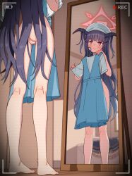 1girl bar_censor barefoot blue_archive blush censored clothes_in_front commentary_request completely_nude demon_girl dress feet from_behind from_below full-face_blush fuuka_(blue_archive) halo holding holding_unworn_clothes holding_unworn_dress indoors kneepits long_hair looking_at_mirror mirror nude paid_reward_available purple_hair pussy recording red_halo reflection solo special_cat unworn_dress variant_set voyeurism