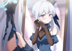 Rule 34 | 1girl, black gloves, blue archive, blue dress, blue halo, breasts, detached sleeves, dress, earrings, eko, elbow gloves, gloves, grey hair, halo, jewelry, long hair, medium breasts, mirror, miyako (blue archive), puffy short sleeves, puffy sleeves, purple eyes, reflection, short sleeves