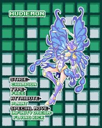 Rule 34 | 1girl, armor, armored boots, armored gloves, boots, breasts, bug, butterfly, butterfly wings, digimon, digimon (creature), digimon story: cyber sleuth, digimon story: cyber sleuth hacker&#039;s memory, english text, female focus, gloves, hair wings, high heels, highres, hudiemon, insect, insect wings, leotard, long hair, looking at viewer, macintyrerath, medium breasts, shoulder armor, sidelocks, skirt, solo, solo focus, stats, thick thighs, thighhighs, thighs, wings