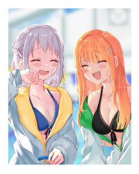 Rule 34 | 2girls, ^ ^, bikini, black bikini, blue bikini, blurry, blurry background, blush, border, braid, breasts, cleavage, closed eyes, collarbone, commentary request, front-tie bikini top, front-tie top, gakuen idolmaster, grey hair, half up braid, halterneck, highres, holding, holding hose, hood, hooded jacket, hose, idolmaster, jacket, jacket partially removed, katsuragi lilja, kimi to semi blue (idolmaster), long hair, medium breasts, multiple girls, official alternate costume, orange hair, shiun sumika, short hair, smile, straight hair, swimsuit, two-sided fabric, two-sided jacket, upper body, very long hair, wet, wet hair, white border, white jacket, yff25147