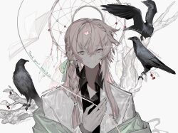 1boy bird black_shirt braid chinese_commentary closed_mouth collared_shirt commentary_request commission crow dreamcatcher earrings feather_earrings feathers green_eyes grey_eyes hair_between_eyes hair_ribbon hand_on_own_chest highres jacket jewelry long_sleeves male_focus open_collar open_mouth original pink_hair ribbon shirt side_braid smile solo upper_body vihua6 white_jacket
